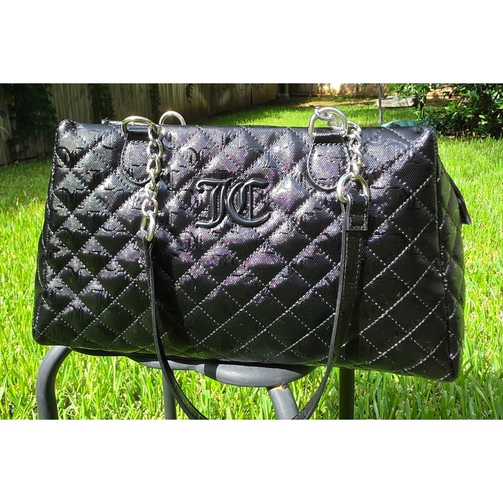 Juicy Couture Black Quilted Monogram Patent Satchel Shoulder Bag NWT